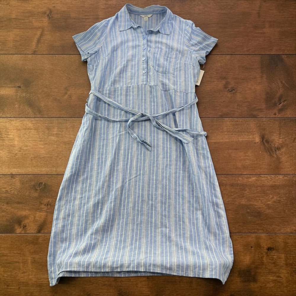 NEW Croft & Barrow Womens Blue White Striped Linen Blend Tie Waist Midi Dress M